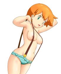 Rule 34 | 1girl, areola slip, armpits, asymmetrical hair, breast slip, breasts, creatures (company), female focus, full body, game freak, gluteal fold, green eyes, hair tie, hand up, highres, holding, looking at viewer, medium breasts, micro shorts, misty (pokemon), naked suspenders, navel, nintendo, nipples, no shirt, one side up, open mouth, orange hair, pokemon, pokemon (anime), pokemon journeys, pokemon swsh142, short hair, shorts, simple background, smile, solo, standing, suspender shorts, suspenders, tof, topless, white background