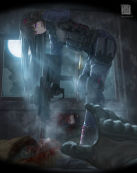 Rule 34 | 1other, 3girls, adjusting hair, ammunition pouch, black hair, blood, boots, broken window, bullpup, camouflage, camouflage jacket, camouflage pants, commentary request, commission, corpse, cross-laced footwear, death, digital camouflage, finger on trigger, gloves, glowing, glowing eyes, gun, guro, hair ornament, hairpin, headset, highres, holding, holding gun, holding weapon, integral suppressor, integrally-suppressed firearm, iwi tavor x95, jacket, leaning forward, long hair, looking at viewer, mixed-language commentary, moon, moonlight, multiple girls, night, original, pants, pixiv commission, pouch, pov, purple eyes, qr code, reaching, rifle, slit pupils, submachine gun, suppressor, tactical clothes, tavor x95, thigh pouch, tom-neko (zamudo akiyuki), weapon, weapon request, x95-s smg
