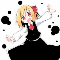 Rule 34 | 1girl, asameshi, black skirt, black vest, blonde hair, blush stickers, commentary, cowboy shot, darkness, fang, hair ribbon, long sleeves, looking at viewer, open mouth, outstretched arms, red eyes, red ribbon, ribbon, rumia, shirt, short hair, simple background, skin fang, skirt, smile, solo, spread arms, touhou, vest, white background, white shirt
