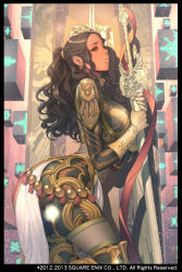 Rule 34 | 1girl, arched back, armor, ass, black hair, bodysuit, border, breasts, cross-laced clothes, curly hair, dark skin, dark-skinned female, dated, earrings, elbow gloves, from side, gem, gloves, glowing, half-closed eyes, holding, huge weapon, jewelry, large breasts, lips, long hair, looking at viewer, marika barad elimore, oda non, official art, parted lips, ponytail, profile, red eyes, ribbon, shadow, showgirl skirt, skirt, solo, square enix, standing, star galaxy, striped, sword, thigh strap, tiara, turtleneck, vertical stripes, weapon, white gloves