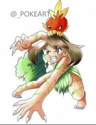 Rule 34 | 1girl, angry, armpits, barefoot, blue eyes, bodypaint, brown hair, child, clenched hands, clenched teeth, collarbone, colorized, creatures (company), dirty, eyelashes, fangs, feet, female focus, fighting stance, fingernails, flat chest, full body, game freak, gen 3 pokemon, grass skirt, hand on ground, high ponytail, leaf bikini, legs, looking at viewer, may (pokemon), medium hair, midriff, navel, neck, nintendo, no bra, no panties, on head, open mouth, pokemon, pokemon (creature), pokemon adventures, pokemon on head, ponytail, scratches, sharp fingernails, sharp toenails, short ponytail, side bangs, sidelocks, spread legs, teeth, thighs, tiptoes, toenails, toes, torchic, v-shaped eyebrows, white background