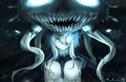 Rule 34 | abyssal ship, aqua eyes, bodysuit, breasts, cane, cape, colored skin, crack, flaming eye, glowing, glowing eyes, hat, highres, instagram username, kantai collection, long hair, medium breasts, pale skin, rain animeillust, short hair, teeth, tentacles, upper body, white hair, white skin, wo-class aircraft carrier