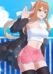 Rule 34 | 1girl, absurdres, alternate costume, aran sweater, artist name, bare shoulders, black sweater, black thighhighs, blurry, blurry background, breasts, brown hair, cable knit, camisole, cleavage, collarbone, commentary, commission, cowboy shot, crop top, dated, day, doki doki literature club, dolphin shorts, english commentary, fingernails, glint, green eyes, hair between eyes, hair intakes, hair ribbon, hand up, highres, jewelry, lens flare, light blush, long hair, looking at viewer, lower teeth only, medium breasts, midriff, monika (doki doki literature club), navel, necklace, off shoulder, open clothes, open mouth, outdoors, pink shorts, ponytail, ribbon, shorts, sidelocks, signature, simple bird, skeb commission, sleeves past wrists, smile, solo, spaghetti strap, sunlight, sweater, tebamaru, teeth, thighhighs, waving, white camisole, white ribbon