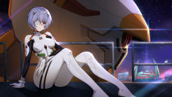 Rule 34 | 1girl, arm support, ayanami rei, bodysuit, breasts, breasts apart, closed mouth, eva 00, eyepatch, grey hair, headgear, highres, lxy122, medium breasts, neon genesis evangelion, outdoors, plugsuit, red eyes, short hair, sitting, skin tight, sky, solo, star (sky), starry sky, white bodysuit
