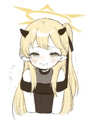 Rule 34 | 1girl, black dress, black horns, blonde hair, blue archive, blush, closed mouth, cropped arms, cropped torso, crying, crying with eyes open, demon horns, dot nose, dress, evening gown, halo, highres, horns, ibuki (blue archive), ibuki (dress) (blue archive), long hair, nanagaedemo, official alternate costume, one side up, pointy ears, simple background, solo, tearing up, tears, translated, trembling, white background, yellow eyes, yellow halo