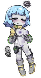 Rule 34 | 1girl, 3:, alien, blue hair, blunt bangs, boots, breasts, cleft of venus, closed eyes, closed mouth, colored nipples, colored skin, creature and personification, full body, furrowed brow, gloves, gray grunt, grey footwear, grey gloves, grey skin, hair ornament, hairclip, knee boots, medium breasts, navel, no nose, nyong nyong, personification, pouch, purple nipples, purple pussy, pussy, short hair, simple background, solo, squiggle, standing, terraria, thigh strap, uncensored, white background