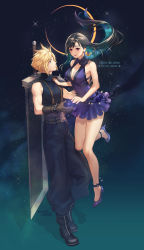 Rule 34 | 1boy, 1girl, absurdres, armor, bare arms, bare legs, bare shoulders, black hair, blonde hair, blue eyes, breasts, brown gloves, buster sword, cleavage, cloud strife, couple, crescent, crescent earrings, crescent moon, dress, earrings, final fantasy, final fantasy vii, final fantasy vii remake, full body, gloves, high heels, highres, jewelry, large breasts, looking at another, moon, neck ribbon, official alternate costume, ohse, purple dress, purple footwear, purple ribbon, red eyes, ribbon, short dress, shoulder armor, sleeveless, sleeveless dress, sleeveless turtleneck, smile, sparkle, spiked hair, square enix, tifa lockhart, tifa lockhart (refined dress), turtleneck, wall market, weapon, weapon on back