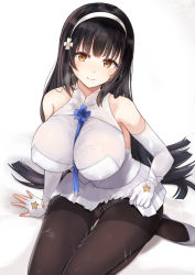 Rule 34 | 1girl, asymmetrical gloves, bare shoulders, black hair, black pantyhose, blush, breasts, brown eyes, cameltoe, clothes lift, elbow gloves, fingerless gloves, flower, girls&#039; frontline, gloves, gusset, hair flower, hair ornament, hairband, large breasts, lifting own clothes, long hair, looking at viewer, miniskirt, neneru, no panties, pantyhose, shirt, simple background, single fingerless glove, skirt, skirt lift, sleeveless, smile, solo, suggestive fluid, thighband pantyhose, type 95 (girls&#039; frontline), uneven gloves, white gloves, white hairband, white shirt, white skirt