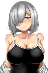 Rule 34 | 1girl, bad id, bad pixiv id, black one-piece swimsuit, blue eyes, blush, breasts, cleavage, closed mouth, collarbone, competition school swimsuit, embarrassed, hair ornament, hair over one eye, hairclip, hamakaze (kancolle), highres, kantai collection, large breasts, looking at viewer, off shoulder, one-piece swimsuit, school swimsuit, short hair, sidelocks, silver hair, simple background, solo, swimsuit, terakoya, undressing, upper body, white background