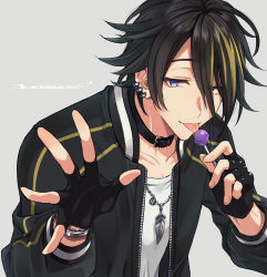 Rule 34 | 1boy, akebono ryo, bad id, bad pixiv id, bishounen, black hair, blonde hair, blue eyes, candy, choker, english text, fingerless gloves, food, from argonavis, gloves, grey background, highres, jacket, jewelry, licking, lollipop, male focus, multicolored hair, necklace, piercing, saigi, simple background, solo, streaked hair, tongue, tongue out