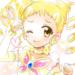 Rule 34 | 00s, 1girl, :p, arm warmers, blonde hair, blush, choker, cone hair bun, cure lemonade, detached sleeves, drill hair, earrings, eyelashes, fingerless gloves, gloves, hair bun, happy, hitopm, jewelry, kasugano urara (yes! precure 5), long hair, looking at viewer, lowres, magical girl, one eye closed, precure, shirt, smile, solo, tongue, tongue out, twintails, yellow eyes, yellow shirt, yes! precure 5