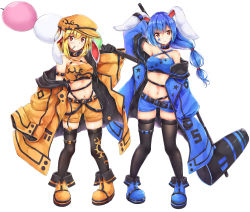 Rule 34 | 2girls, absurdres, akiteru (akiteru98), alternate costume, alternate hairstyle, animal ears, arm up, armband, bandeau, bare shoulders, belt, black belt, black collar, black gloves, black legwear, blonde hair, blue coat, blue footwear, blue hair, blue shorts, boots, breasts, cleavage, coat, collar, commentary request, crescent print, criss-cross halter, dango, facial mark, flat cap, food, full body, gloves, hair between eyes, halterneck, hand up, hat, highres, holding, holding food, holding mallet, kine, long hair, long sleeves, looking at viewer, low-tied long hair, mallet, medium breasts, midriff, mouth hold, multi-tied hair, multiple girls, navel, off shoulder, open clothes, open coat, orange coat, orange footwear, orange headwear, orange shorts, parted lips, rabbit ears, red eyes, ringo (touhou), seiran (touhou), short hair, short shorts, shorts, sidelocks, simple background, skindentation, smile, standing, star (symbol), star print, stomach, thigh strap, thighhighs, thighs, touhou, wagashi, white background, wide sleeves