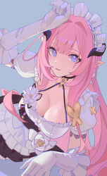 Rule 34 | 1girl, absurdres, ai dongdong, apron, arm up, black choker, black skirt, blue eyes, breasts, choker, cleavage, commentary request, cowboy shot, elbow gloves, elf, elysia (honkai impact), elysia (miss pink elf) (honkai impact), frills, gloves, highres, honkai (series), honkai impact 3rd, horns, long hair, looking at viewer, maid, maid headdress, medium breasts, open mouth, pink hair, pink pupils, pointy ears, puffy short sleeves, puffy sleeves, short sleeves, skirt, smile, solo, very long hair, white apron, white gloves