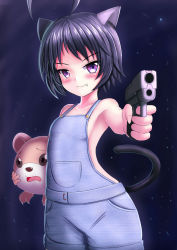 Rule 34 | 1girl, :3, ahoge, aiming, aiming at viewer, animal ears, armpits, black hair, blush, breasts, cat ears, cat girl, cat tail, closed mouth, collarbone, commentary request, fang, fang out, finger on trigger, fingernails, gun, handgun, highres, holding, holding gun, holding weapon, looking at viewer, naked overalls, original, outstretched arm, overalls, pistol, prophosphere, purple eyes, short hair, small breasts, solo, tail, tsurime, weapon