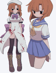 Rule 34 | 1girl, black eyes, black thighhighs, blood, blood on clothes, blood on face, blue skirt, blush, boots, bow, breasts, brown footwear, brown hair, character request, check character, closed mouth, cross-laced footwear, expressionless, full body, highres, higurashi no naku koro ni, knee boots, looking at viewer, medium breasts, medium hair, pleated skirt, puffy short sleeves, puffy sleeves, purple bow, ri (qrcode), ryuuguu rena, short hair, short sleeves, simple background, skirt, solo, thighhighs, white background
