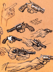 Rule 34 | amandajespersenholm, commentary, company name, crosshatching, disembodied limb, english commentary, english text, finger gun, finger on trigger, fingernails, firing, gun, hand focus, handgun, hatching (texture), highres, holding, holding gun, holding weapon, light brown background, linear hatching, lineart, no humans, original, palms, paper texture, partially colored, pen (medium), perspective, pointing, pointing forward, revolver, sketch, sleeves rolled up, smith &amp; wesson, smith &amp; wesson model 36, snubnosed revolver, traditional media, variations, weapon, weapon name