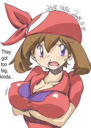 Rule 34 | 00s, 1girl, 2008, alternate breast size, bandana, blush, breast hold, breasts, brown hair, chris (mario), cleavage, creatures (company), dated, embarrassed, english text, game freak, hair between eyes, large breasts, liar, lies, long hair, looking at viewer, may (pokemon), motion lines, nintendo, open mouth, pokemon, purple eyes, simple background, solo, sweatdrop, tsundere, upper body, white background
