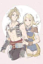 Rule 34 | 1boy, 1girl, armor, bare shoulders, black pants, blonde hair, blue bodysuit, blue eyes, blush, bodysuit, braid, breasts, brown background, brown eyes, cowboy shot, cropped legs, crow0cc, final fantasy, final fantasy xii, gloves, grey gloves, grey vest, highres, holding another&#039;s arm, looking at viewer, looking back, medium breasts, pants, parted bangs, penelo, short hair, shoulder armor, sidelocks, smile, toned, toned male, twin braids, vaan (ff12), vest, wrist cuffs