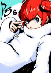 Rule 34 | 1girl, ahoge, android, arm up, blue eyes, bright pupils, covered mouth, detached hair, hair between eyes, hair intakes, heart, highres, hood, hood down, hoodie, long sleeves, lying, multicolored background, on back, outstretched arm, persona, persona 5, persona 5 scramble: the phantom strikers, pointing, pointing at self, red hair, simple background, sin seishun, sophia (p5s), twintails, white hoodie, white pupils, wide sleeves