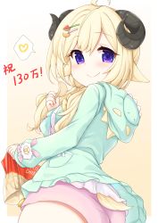 Rule 34 | 1girl, absurdres, animal ears, ass, blonde hair, blush, chips (food), female focus, food, heart, highres, hololive, horns, kinomiki nobori, long hair, looking at viewer, looking back, potato chips, purple eyes, smile, solo, tail, tsunomaki watame, virtual youtuber
