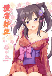 Rule 34 | 1girl, :d, animal ear fluff, animal ears, black hair, blush, bow, breasts, cat ears, cat girl, cat tail, cleavage, commentary request, cup, fang, floral print, flower, hair flower, hair ornament, hair ribbon, hand up, head tilt, holding, holding cup, japanese clothes, kaiware-san, kimono, long sleeves, medium breasts, obi, off shoulder, open mouth, original, pink bow, print kimono, purple eyes, purple flower, red kimono, red ribbon, ribbon, sash, sidelocks, signature, smile, solo, tail, tail raised, translation request, twintails, white background, wide sleeves