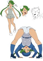 Rule 34 | 1girl, :d, absurdres, all fours, ass, bare legs, baseball cap, belt, belt buckle, blue footwear, blue legwear, breasts, buckle, creatures (company), game freak, green eyes, green hair, grey shirt, grey shorts, hand on own hip, hat, highres, jikatarou, long hair, looking at viewer, mallow (pokemon), medium breasts, multiple views, nintendo, open mouth, pokemon, pokemon sm, shirt, shoes, shorts, simple background, sleeveless, smile, socks, standing, twintails, upside-down, white background, white shirt