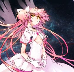 Rule 34 | 10s, 1girl, bad id, bad pixiv id, choker, cleavage cutout, clothing cutout, collarbone, dress, gloves, kaname madoka, long hair, mahou shoujo madoka magica, mahou shoujo madoka magica (anime), pink hair, short twintails, smile, solo, spoilers, twintails, two side up, ultimate madoka, wings, yellow eyes, yoplait