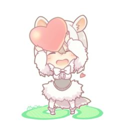 Rule 34 | 10s, 1girl, :d, ^ ^, animal ears, blush, bow, bowtie, chibi, closed eyes, dot nose, dress, closed eyes, facing viewer, frilled dress, frills, full body, gradient hair, grey hair, hair between eyes, heart, holding, holding heart, japari symbol, kemono friends, long sleeves, lowres, maora oto, multicolored hair, open mouth, pantyhose, short hair, signature, simple background, smile, solo, southern tamandua (kemono friends), standing, tail, tamandua ears, tamandua tail, two-tone hair, underbust, white background, white bow, white footwear, white hair, white pantyhose, |d