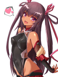 Rule 34 | 1girl, bare shoulders, blush, breasts, brown hair, brown leotard, covered erect nipples, covered navel, dark-skinned female, dark skin, elbow gloves, fishnets, gloves, hair ribbon, heart, highres, impossible clothes, impossible leotard, kihou no gotoku dmc, leotard, long hair, looking at viewer, medium breasts, mizuki yukikaze, ninja, one-piece tan, open mouth, purple eyes, ribbon, shiny clothes, simple background, smile, solo, spoken heart, taimanin (series), taimanin yukikaze, tan, tanline, thighhighs, two side up, very long hair, white background