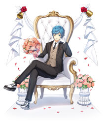 Rule 34 | 1boy, ;d, armchair, banner, bell, black jacket, black necktie, black pants, black socks, blue eyes, blue hair, bouquet, bow, brown vest, chair, closers, collared shirt, crossed legs, elbow rest, falling petals, flower, flower pot, formal, full body, gloves, hands up, head rest, highres, holding, holding bouquet, jacket, looking at viewer, male focus, nata (closers), necktie, official art, on chair, one eye closed, open mouth, oxfords, pants, petals, pink bow, pink flower, pink rose, plant, potted plant, red flower, red rose, rose, shirt, short hair, sitting, smile, socks, solo, suit, swept bangs, tachi-e, v-shaped eyebrows, vest, white background, white footwear, white gloves, white shirt