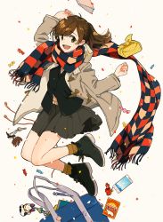 Rule 34 | 1girl, :d, arm up, bag, bento, black jacket, blazer, brown coat, brown hair, brown legwear, brown skirt, buttons, candy, cellphone, charm (object), checkered clothes, checkered scarf, coat, cross-laced footwear, food, fringe trim, green eyes, green footwear, hand up, iphone, jacket, key, charm (object), kurokeisin, looking at viewer, medium hair, midair, notebook, open clothes, open coat, open mouth, original, pencil, phone, pleated skirt, ponytail, round teeth, scarf, school bag, school uniform, shoes, shoulder bag, simple background, skirt, smartphone, smile, solo, sweater, sweater vest, teeth, white background
