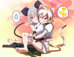 Rule 34 | 2girls, ;q, animal ears, barefoot, black legwear, breasts, brown eyes, capelet, cat ears, cat tail, commentary request, dress, flat chest, goutokuji mike, gradient background, grey dress, hair between eyes, heart, heart background, leg lock, light blush, looking at another, medium breasts, midriff, mouse ears, mouse tail, multicolored hair, multiple girls, nazrin, no shoes, one eye closed, otoufu (wddkq314band), pantyhose, puffy short sleeves, puffy sleeves, red eyes, shirt, short hair, short sleeves, shorts, silver hair, simple background, soles, spoken heart, spoken sweatdrop, streaked hair, sweatdrop, tail, toes, tongue, tongue out, touhou, white capelet, white shirt, white shorts, yuri