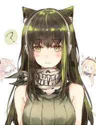 Rule 34 | 3girls, :3, ?, animal ears, bandana, bare shoulders, black hair, blonde hair, blue eyes, blush, blush stickers, cat ears, commentary, doodle, girls&#039; frontline, headphones, jitome, kvlen, looking at viewer, low twintails, m4a1 (girls&#039; frontline), multiple girls, open mouth, red eyes, ribbed shirt, shirt, sleeveless, sleeveless shirt, smile, solo focus, spoken question mark, twintails, upper body, yellow eyes
