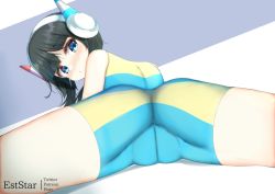 Rule 34 | 1girl, artist name, ass, bad id, bad pixiv id, bare arms, bike shorts, black hair, blue eyes, blunt bangs, blush, cameltoe, closed mouth, commentary, creatures (company), elesa (pokemon), embarrassed, est star, eyelashes, from behind, game freak, headphones, looking back, nintendo, pokemon, pokemon bw2, solo, sports bra, spread legs, wedgie