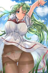 Rule 34 | 1girl, alternate costume, arms up, blue eyes, blush, breasts, cloud, commentary request, cowboy shot, day, dress, floating hair, frog hair ornament, from below, fule, gluteal fold, green hair, hair ornament, highres, kochiya sanae, large breasts, long hair, one eye closed, outdoors, pantyhose, sky, solo, stretching, thigh gap, touhou, upskirt, very long hair, white dress