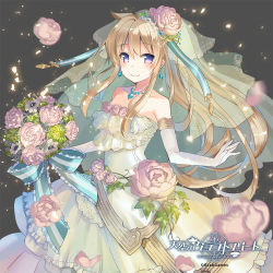 Rule 34 | 1girl, bare shoulders, black background, blurry, blush, bouquet, bridal veil, bride, brown hair, closed mouth, collarbone, company name, copyright name, depth of field, dress, earrings, elbow gloves, english text, eyebrows, flower, gloves, hair between eyes, hair flower, hair ornament, jewelry, naruse chisato, necklace, purple eyes, sleeveless, sleeveless dress, smile, solo, tenkuu no craft fleet, veil, watermark, wedding dress, white dress, white gloves