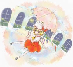 Rule 34 | 1girl, any (artist), any (lucky denver mint), bad id, bad pixiv id, blonde hair, blush, cloud, female focus, flandre scarlet, floating, full moon, hat, kneehighs, moon, open mouth, outstretched arm, parasol, red eyes, short hair, smile, socks, solo, surreal, touhou, umbrella, white socks, window, wings