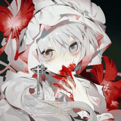 Rule 34 | 1girl, blood, blood on face, blood on hands, commentary, cross, grey eyes, grey hair, hair between eyes, hand up, looking at viewer, original, red pupils, ririooob, sample watermark, short hair, solo, symbol-only commentary, watermark