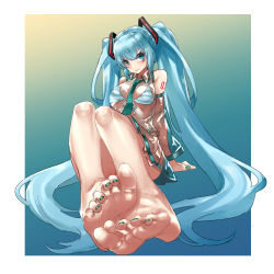 Rule 34 | 1girl, anklet, aqua eyes, aqua hair, bare shoulders, barefoot, bikini, blue nails, border, breasts, commentary request, detached sleeves, eiji (eiji), feet, foot focus, foreshortening, green necktie, hair ornament, hatsune miku, highres, jewelry, legs together, long hair, looking at viewer, medium breasts, nail polish, navel, necktie, see-through, see-through sleeves, sitting, skirt, smile, solo, stomach, string bikini, striped bikini, striped clothes, swimsuit, toenail polish, toenails, twintails, very long hair, vocaloid, white border