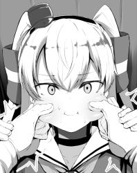 Rule 34 | 1girl, amatsukaze (kancolle), atsutoku, cheek pinching, choker, closed mouth, greyscale, hair tubes, hat, kantai collection, long hair, looking at viewer, mini hat, monochrome, pinching, pov, pov hands, smile, smokestack hair ornament, solo focus, two side up