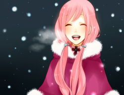 Rule 34 | 1girl, capelet, closed eyes, fur trim, hair ornament, hairclip, koyubi, koyubi right, long hair, megurine luka, open mouth, pink hair, smile, snowing, solo, twintails, upper body, vocaloid