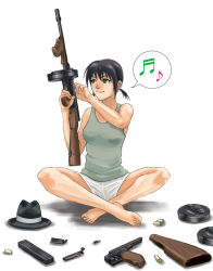 Rule 34 | 1girl, assembling, bad id, bad pixiv id, barefoot, black eyes, black hair, character request, drum magazine, earrings, fedora, feet, gangster, gun, hat, indian style, jewelry, crossed legs, magazine (weapon), musical note, quaver, shorts, sitting, solo, source request, speech bubble, spoken musical note, spread legs, submachine gun, tank top, thompson submachine gun, tomoshiki, twintails, weapon