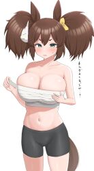 Rule 34 | 1girl, animal ears, bare shoulders, bike shorts, blush, breasts, brown hair, chest sarashi, cleavage, commentary request, cowboy shot, ear ornament, green eyes, hair between eyes, highres, horse ears, horse girl, horse tail, inari one (umamusume), large breasts, midriff, navel, open mouth, sarashi, simple background, solo, sukenoha, sweat, tail, thick eyebrows, translated, twintails, umamusume, white background