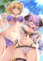 Rule 34 | bare shoulders, bikini, blonde hair, blue eyes, blue sky, blush, breasts, butterfly earrings, cleavage, closed mouth, collarbone, commentary request, day, diadem, double bun, draph, earrings, flower, frilled bikini, frills, front-tie bikini top, front-tie top, granblue fantasy, hair between eyes, hair bun, hair flower, hair intakes, hair ornament, hair over one eye, hairclip, hakui ami, heart, heart-shaped pupils, highres, hip focus, horns, jeanne d&#039;arc (granblue fantasy), jewelry, large breasts, light purple hair, lily (flower), long hair, low tied hair, narmaya (granblue fantasy), navel, open mouth, palm tree, purple bikini, side-tie bikini bottom, sky, smile, standing, strap pull, sunlight, swimsuit, symbol-shaped pupils, thigh strap, thighs, tree, white bikini