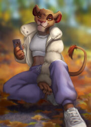 Rule 34 | 1girl, blue eyes, blurry, blurry background, cellphone, colored sclera, crop top, furry, furry female, highres, holding, holding phone, jacket, lion, looking at viewer, midriff, open clothes, open jacket, pants, phone, purple pants, reallynxgirl, shirt, shoes, sitting, smartphone, solo, the lion king, vitani (the lion king), white footwear, white jacket, white shirt, yellow sclera
