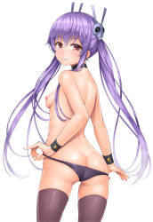 Rule 34 | 1girl, ass, black panties, breasts, butt crack, choker, cowboy shot, eyebrows, from behind, hair ornament, lambda (kusowarota), long hair, looking at viewer, looking back, memento (sennen sensou aigis), nipples, panties, panty pull, pulled by self, purple hair, red eyes, sennen sensou aigis, simple background, skull hair ornament, small breasts, smile, solo, standing, teeth, thighhighs, twintails, underwear, white background, wrist cuffs