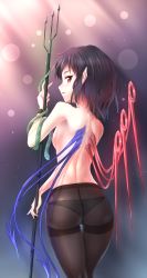 Rule 34 | 1girl, ass, asymmetrical wings, black hair, black pantyhose, breasts, cowboy shot, highres, holding, holding weapon, houjuu nue, looking at viewer, looking back, medium breasts, minust, pantyhose, pointy ears, polearm, profile, red eyes, smile, snake, solo, thigh gap, thighband pantyhose, topless, touhou, trident, weapon, wings, wrist cuffs