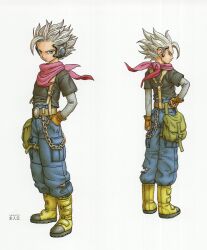 Rule 34 | 1boy, absurdres, ankle boots, arm at side, bag, baggy pants, belt, belt buckle, belt chain, black shirt, blue eyes, boots, brown belt, brown gloves, buckle, chain, character request, character sheet, clenched hands, closed mouth, commentary, dragon quest, dragon quest monsters, dragon quest monsters joker 3, fingerless gloves, fingernails, from behind, full body, gloves, green bag, grey sleeves, hand in pocket, hand on own hip, headset, highres, layered sleeves, long sleeves, looking back, male focus, neckerchief, official art, pants, pink neckerchief, platform boots, platform footwear, profile, serious, shirt, shirt tucked in, short over long sleeves, short sleeves, sideways glance, simple background, single bang, spiked hair, standing, suspenders, toriyama akira, torn clothes, torn pants, velcro footwear, white background, white hair, yellow footwear