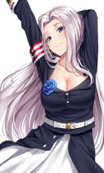 Rule 34 | armband, arms up, azur lane, belt, blue eyes, blue flower, blue jacket, blue rose, blush, breasts, cleavage, collarbone, commentary request, cowboy shot, flower, highres, jacket, large breasts, long hair, parted bangs, rose, sidelocks, silver hair, simple background, skirt, smile, solo, stretching, superpig, very long hair, white background, white skirt, yorktown (azur lane)