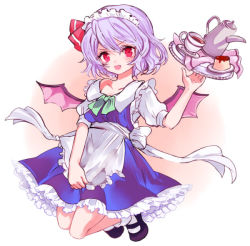 Rule 34 | 1girl, alternate costume, apron, bat wings, black footwear, blush, bow, cosplay, cup, enmaided, food, full body, hair bow, izayoi sakuya, izayoi sakuya (cosplay), looking at viewer, maid, maid headdress, mary janes, multicolored background, off shoulder, open mouth, pudding, purple hair, red bow, red eyes, remilia scarlet, sauce, shoes, short hair, short sleeves, socks, solo, teacup, teapot, tori (10ri), touhou, tray, two-tone background, waist apron, white socks, wings